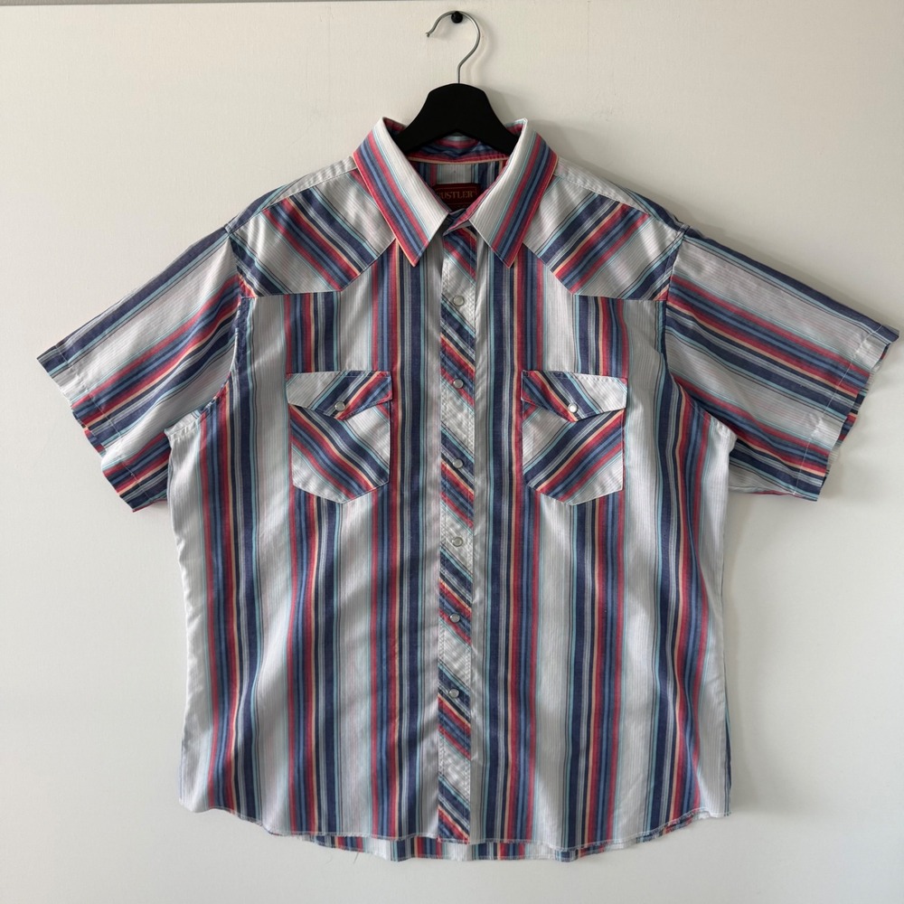 Rustler Mens XL Pearl Snap Western Shirt Short Sleeve Striped X Long Tails Blue
